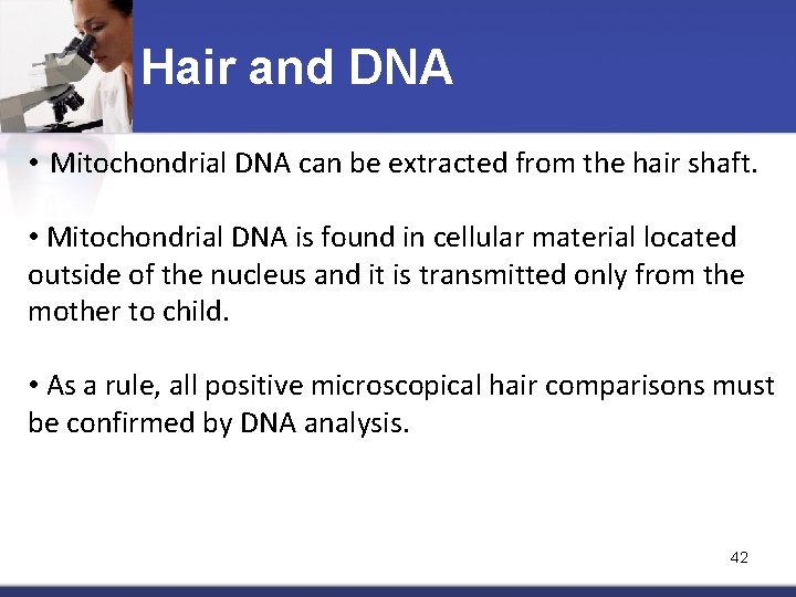 Hair and DNA • Mitochondrial DNA can be extracted from the hair shaft. •