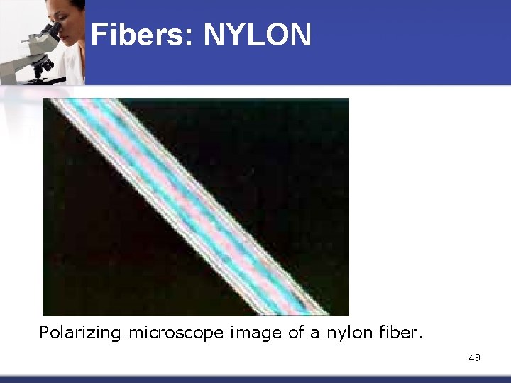 Fibers: NYLON Polarizing microscope image of a nylon fiber. 49 