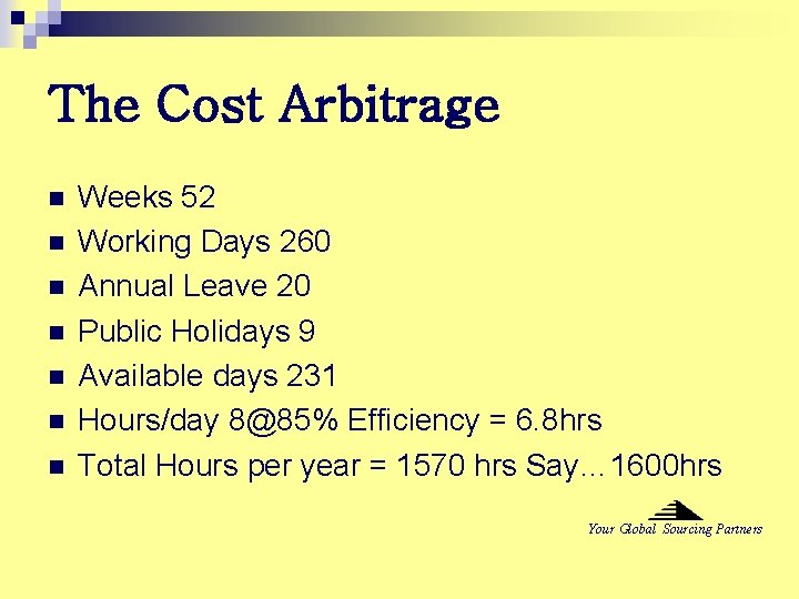 The Cost Arbitrage n n n n Weeks 52 Working Days 260 Annual Leave