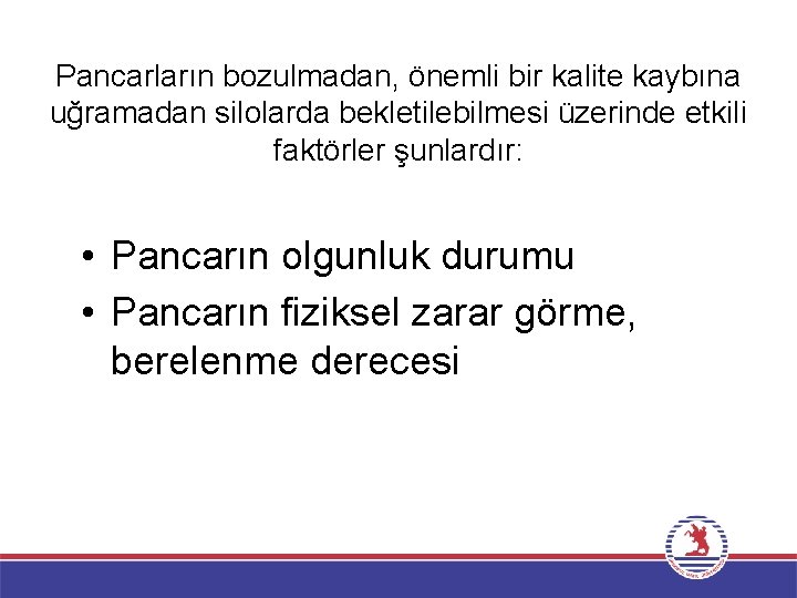 Pancarların bozulmadan, önemli bir kalite kaybına uğramadan silolarda bekletilebilmesi üzerinde etkili faktörler şunlardır: •