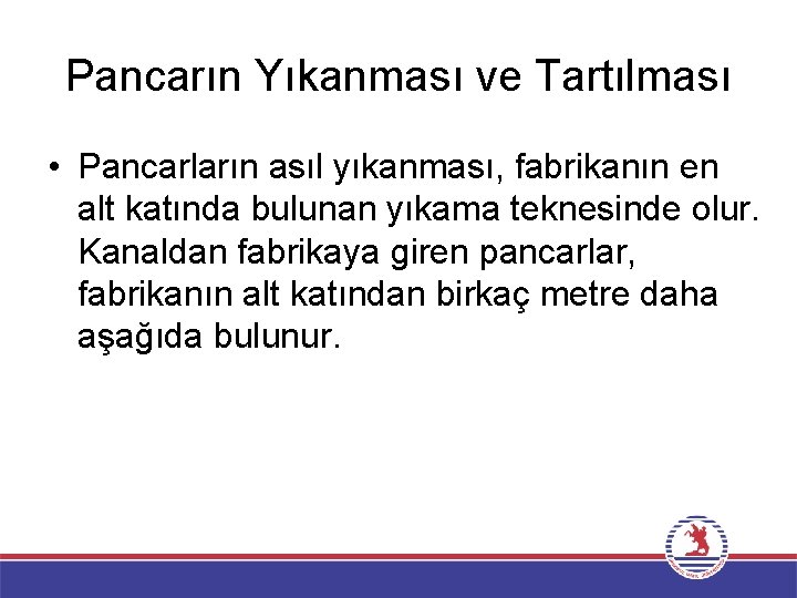 Pancarın Yıkanması ve Tartılması • Pancarların asıl yıkanması, fabrikanın en alt katında bulunan yıkama