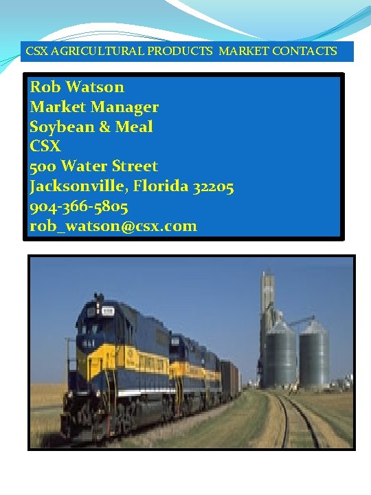 CSX AGRICULTURAL PRODUCTS MARKET CONTACTS Rob Watson Market Manager Soybean & Meal CSX 500