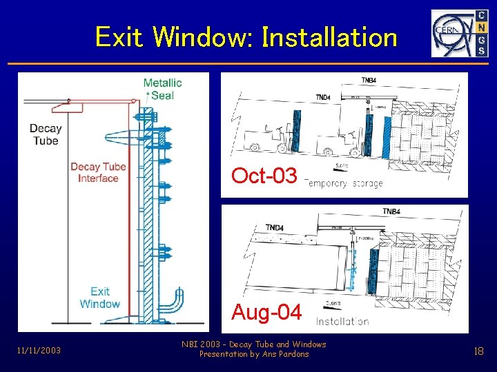 Exit Window: Installation Oct-03 Aug-04 11/11/2003 NBI 2003 - Decay Tube and Windows Presentation