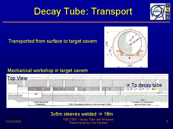 Decay Tube: Transported from surface to target cavern Mechanical workshop in target cavern Top