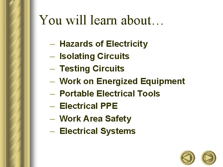 You will learn about… – – – – Hazards of Electricity Isolating Circuits Testing