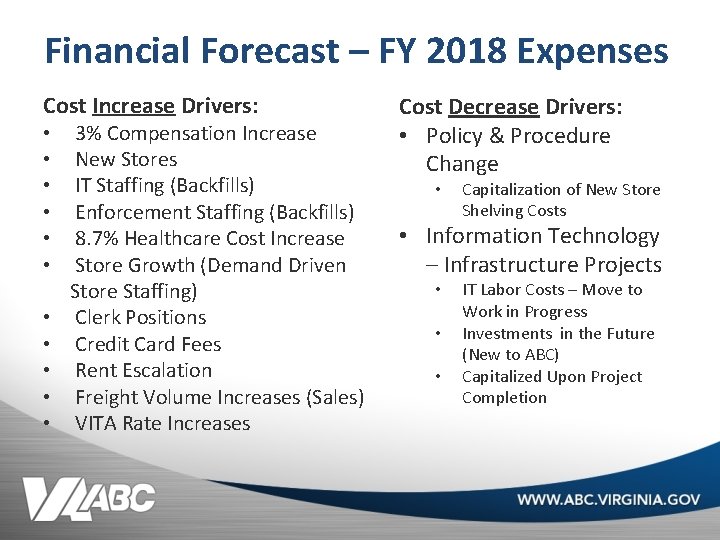 Financial Forecast – FY 2018 Expenses Cost Increase Drivers: • • • 3% Compensation