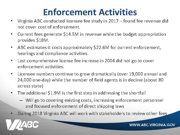 Enforcement Activities • Virginia ABC conducted licensee fee study in 2017 – found fee