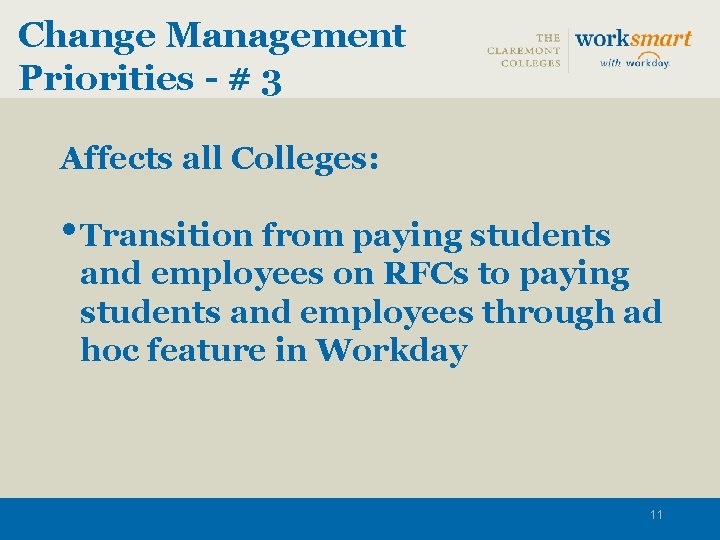 Change Management Priorities - # 3 Affects all Colleges: • Transition from paying students