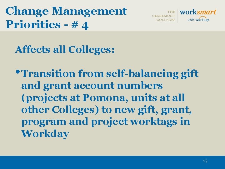 Change Management Priorities - # 4 Affects all Colleges: • Transition from self-balancing gift