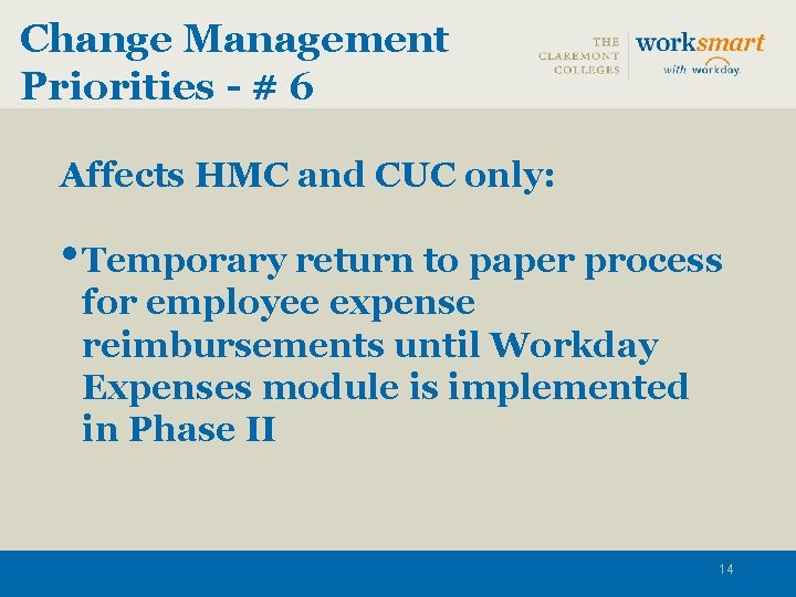 Change Management Priorities - # 6 Affects HMC and CUC only: • Temporary return