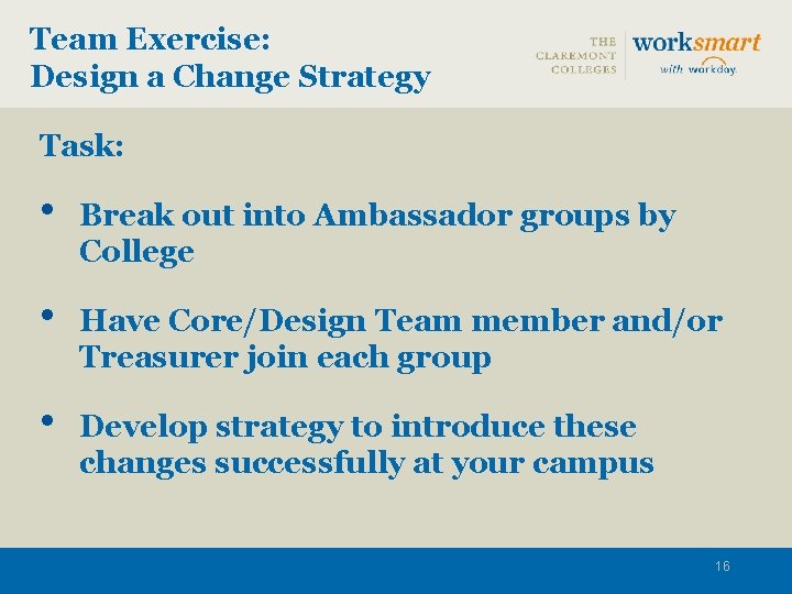 Team Exercise: Design a Change Strategy Task: • Break out into Ambassador groups by