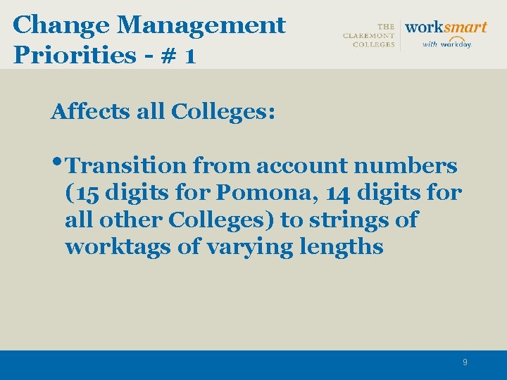 Change Management Priorities - # 1 Affects all Colleges: • Transition from account numbers