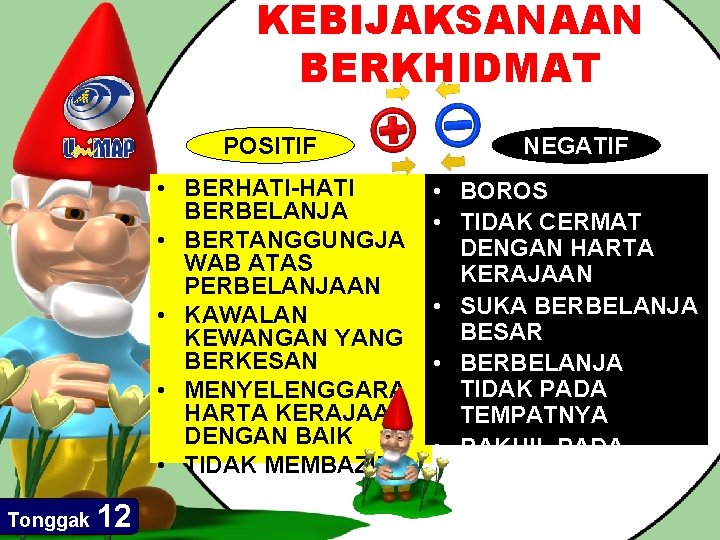 KEBIJAKSANAAN BERKHIDMAT POSITIF • BERHATI-HATI BERBELANJA • BERTANGGUNGJA WAB ATAS PERBELANJAAN • KAWALAN KEWANGAN