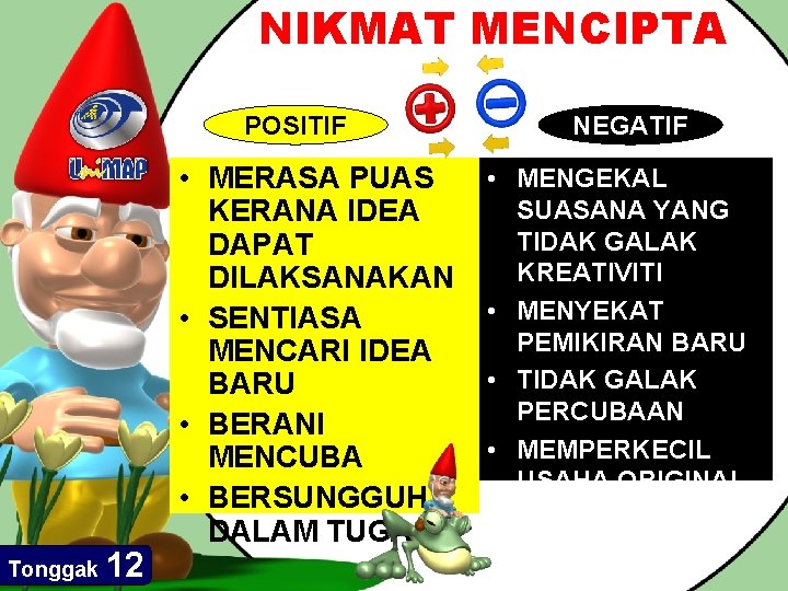 NIKMAT MENCIPTA POSITIF Tonggak 12 • MERASA PUAS KERANA IDEA DAPAT DILAKSANAKAN • SENTIASA