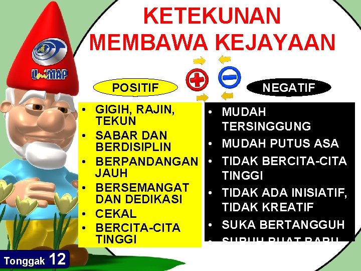 KETEKUNAN MEMBAWA KEJAYAAN POSITIF • GIGIH, RAJIN, TEKUN • SABAR DAN BERDISIPLIN • BERPANDANGAN