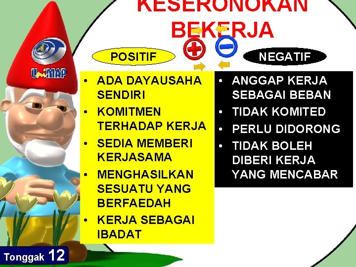 KESERONOKAN BEKERJA POSITIF • ADA DAYAUSAHA SENDIRI • KOMITMEN TERHADAP KERJA • SEDIA MEMBERI