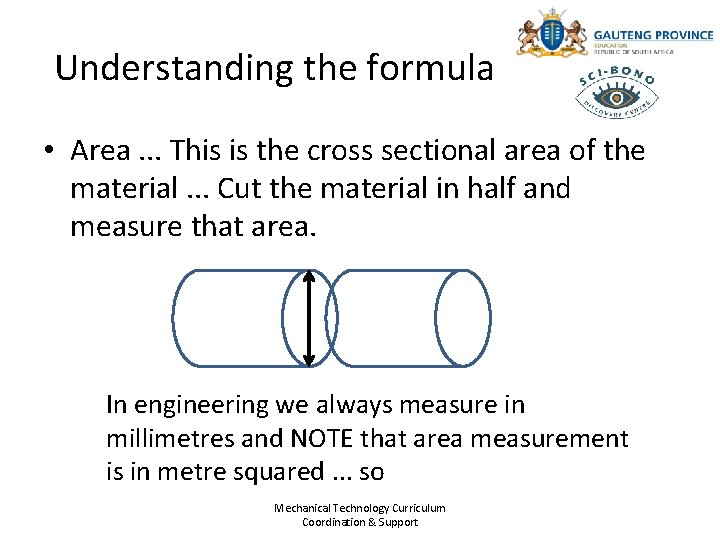 Understanding the formula • Area. . . This is the cross sectional area of