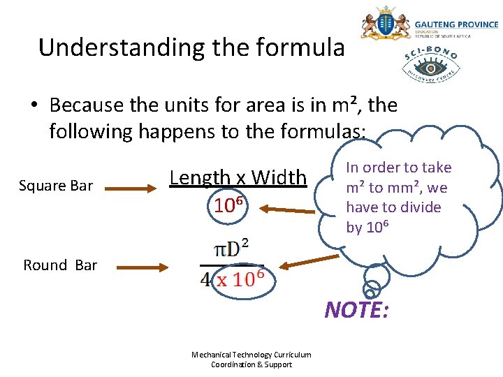 Understanding the formula • Because the units for area is in m², the following