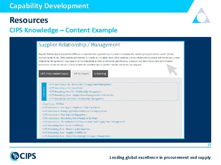 Capability Development Resources CIPS Knowledge – Content Example 27 Leading global excellence in procurement