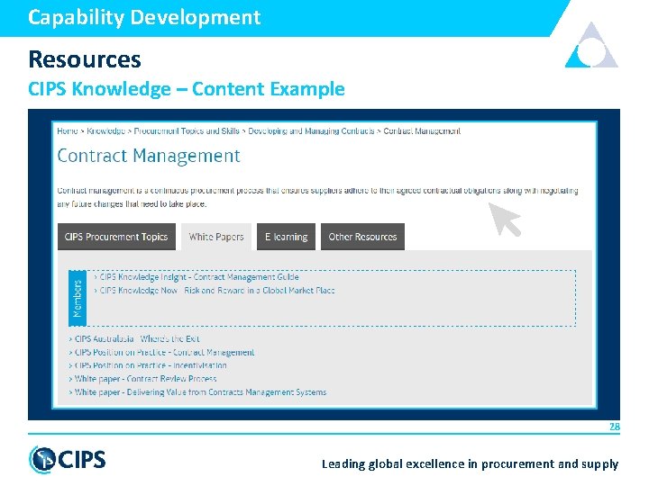 Capability Development Resources CIPS Knowledge – Content Example 28 Leading global excellence in procurement