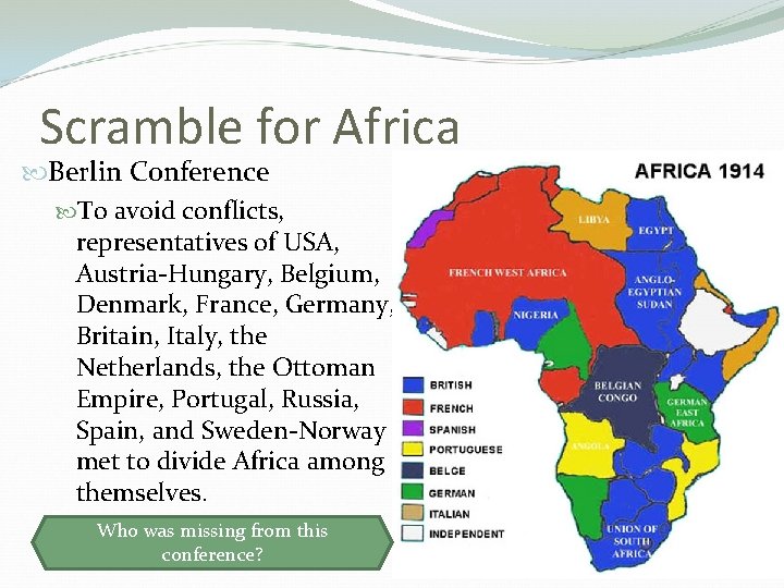 Scramble for Africa Berlin Conference To avoid conflicts, representatives of USA, Austria-Hungary, Belgium, Denmark,