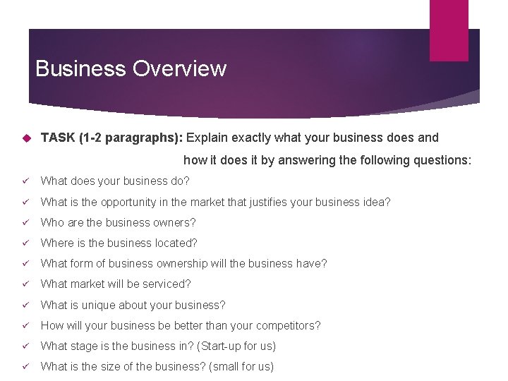 Business Overview TASK (1 -2 paragraphs): Explain exactly what your business does and how