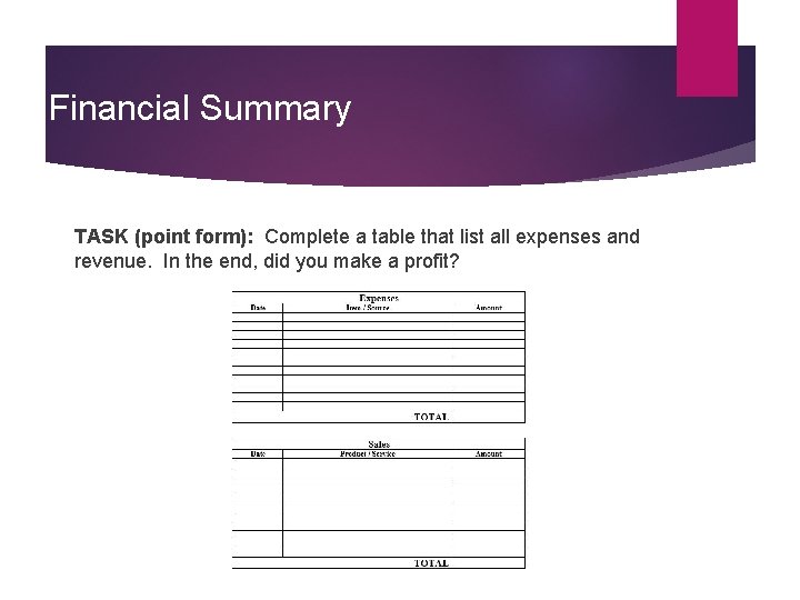 Financial Summary TASK (point form): Complete a table that list all expenses and revenue.