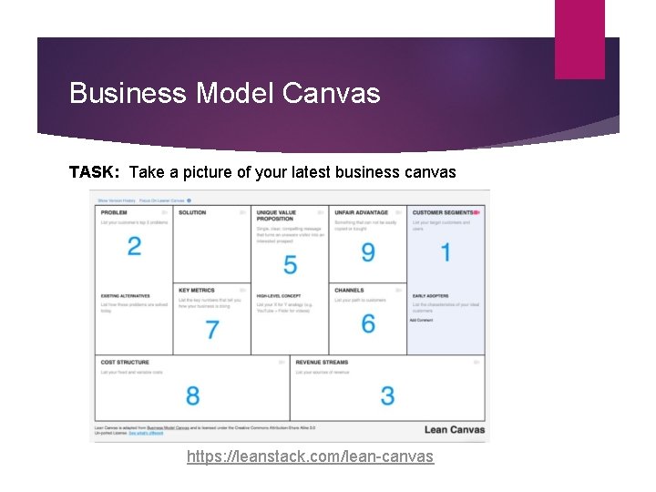 Business Model Canvas TASK: Take a picture of your latest business canvas https: //leanstack.