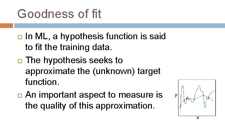 Goodness of fit 6 In ML, a hypothesis function is said to fit the