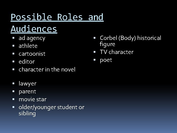 Possible Roles and Audiences ad agency athlete cartoonist editor character in the novel lawyer