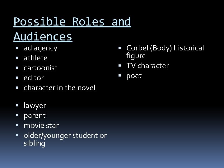 Possible Roles and Audiences ad agency athlete cartoonist editor character in the novel lawyer Possible Roles and Audiences ad agency athlete cartoonist editor character in the novel lawyer