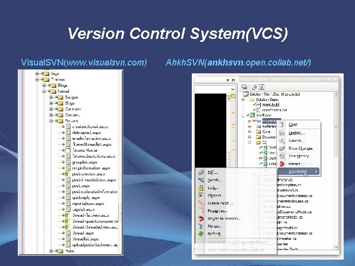 Version Control System(VCS) Visual. SVN(www. visualsvn. com) Ahkh. SVN(ankhsvn. open. collab. net/) 