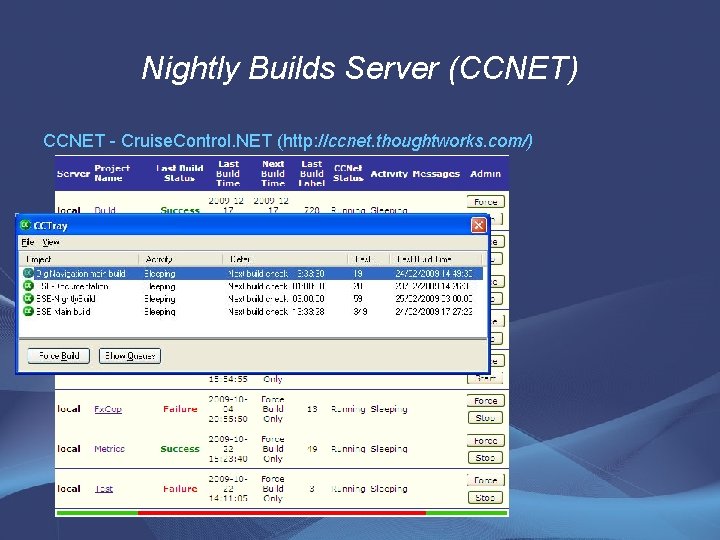 Nightly Builds Server (CCNET) CCNET - Cruise. Control. NET (http: //ccnet. thoughtworks. com/) 