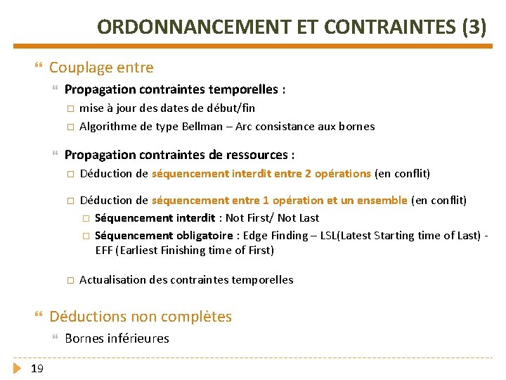 ORDONNANCEMENT ET CONTRAINTES (3) Couplage entre Propagation contraintes temporelles : Propagation contraintes de ressources