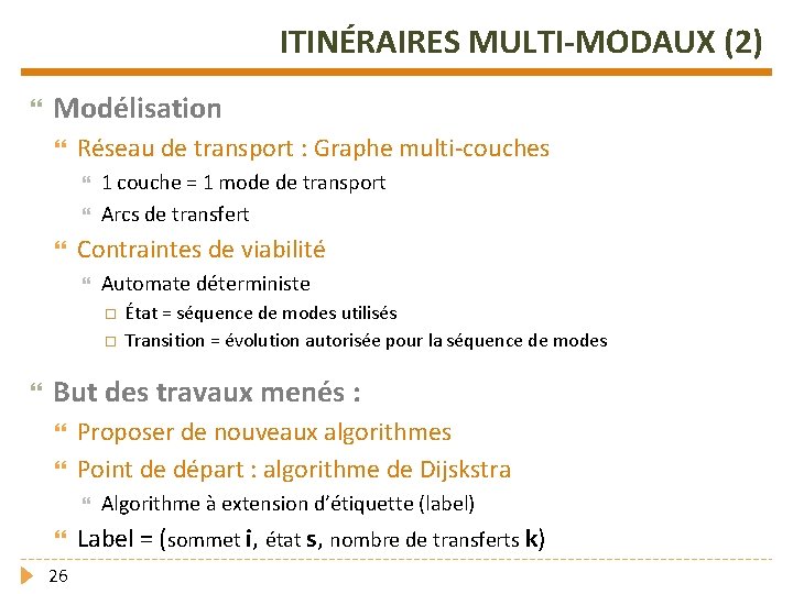 ITINÉRAIRES MULTI-MODAUX (2) Modélisation Réseau de transport : Graphe multi-couches 1 couche = 1