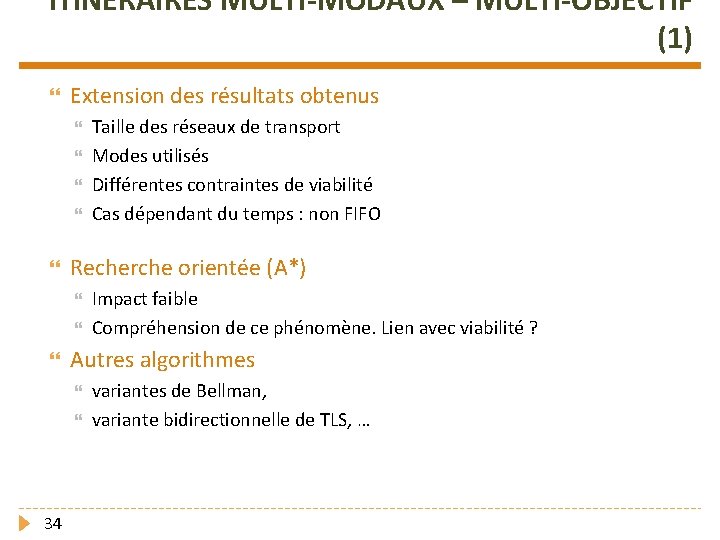 ITINÉRAIRES MULTI-MODAUX – MULTI-OBJECTIF (1) Extension des résultats obtenus Recherche orientée (A*) Impact faible