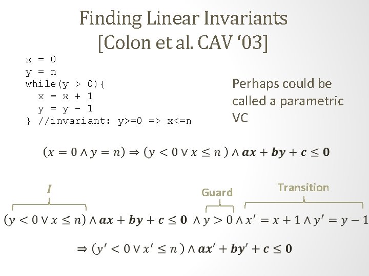 Finding Linear Invariants [Colon et al. CAV ‘ 03] x = 0 y =