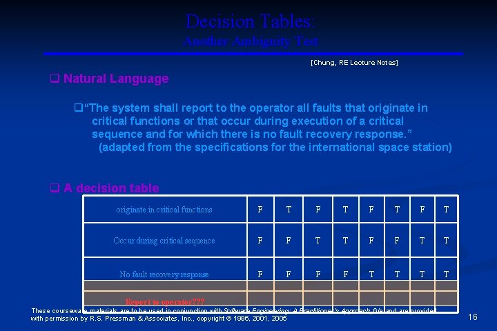 Decision Tables: Another Ambiguity Test [Chung, RE Lecture Notes] q Natural Language q“The system