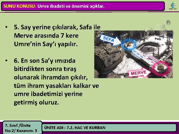 SUNU KONUSU: Umre ibadeti ve önemini açıklar. • 5. Say yerine çıkılarak, Safa ile