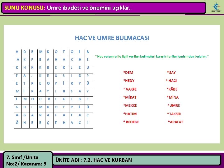 SUNU KONUSU: Umre ibadeti ve önemini açıklar. 7. Sınıf /Ünite No: 2/ Kazanım: 3