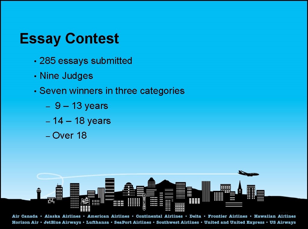 Essay Contest • 285 essays submitted • Nine Judges • Seven winners in three