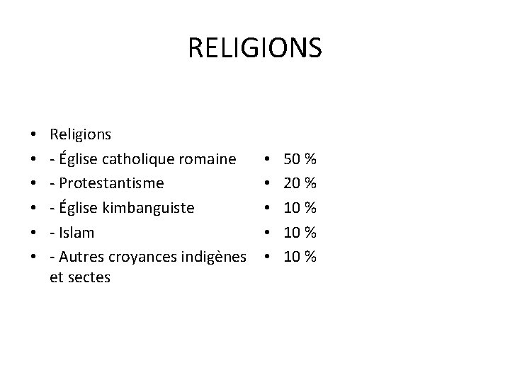 RELIGIONS • • • Religions - Église catholique romaine - Protestantisme - Église kimbanguiste