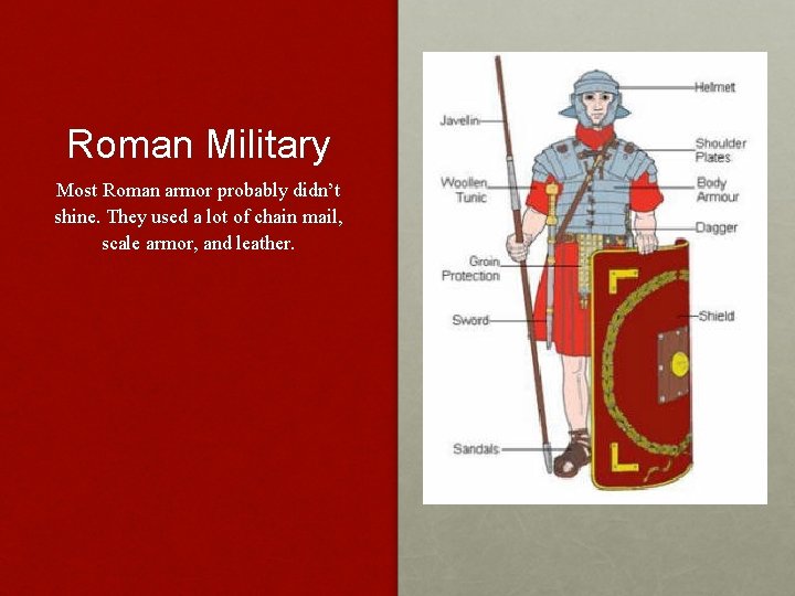 Roman Military Most Roman armor probably didn’t shine. They used a lot of chain