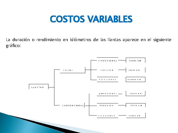 COSTOS VARIABLES La duración o rendimiento en kilómetros de las llantas aparece en el