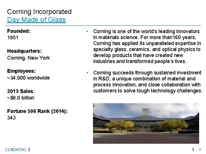 Corning Incorporated Day Made of Glass Founded: 1851 Headquarters: Corning, New York Employees: ~34,