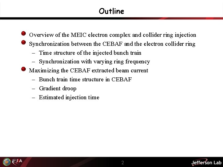 Outline Overview of the MEIC electron complex and collider ring injection Synchronization between the