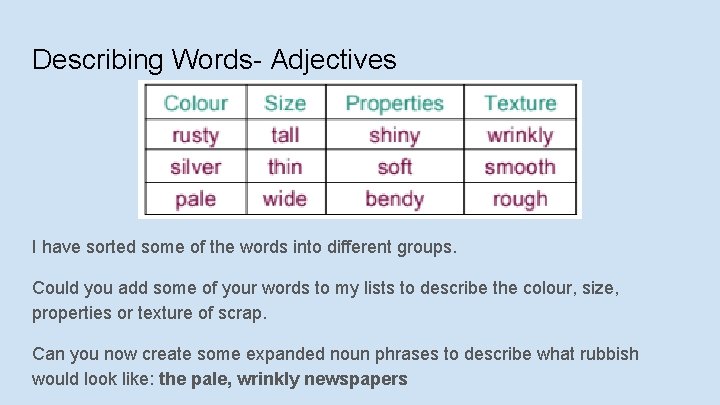 Describing Words- Adjectives I have sorted some of the words into different groups. Could