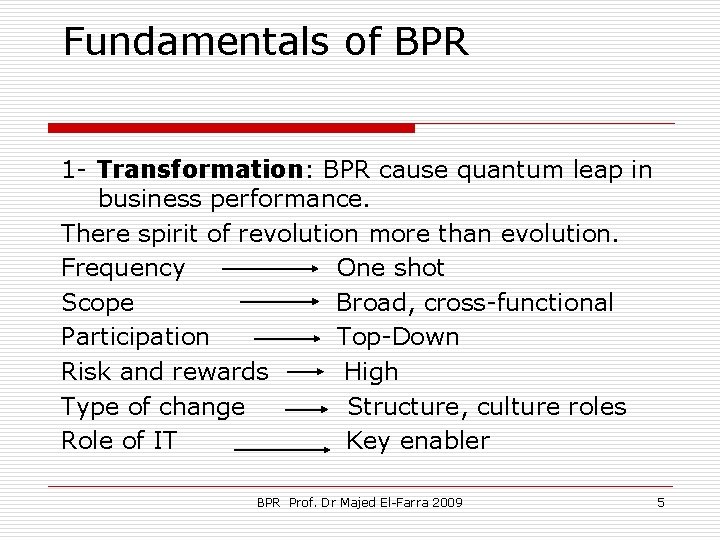 Fundamentals of BPR 1 - Transformation: BPR cause quantum leap in business performance. There