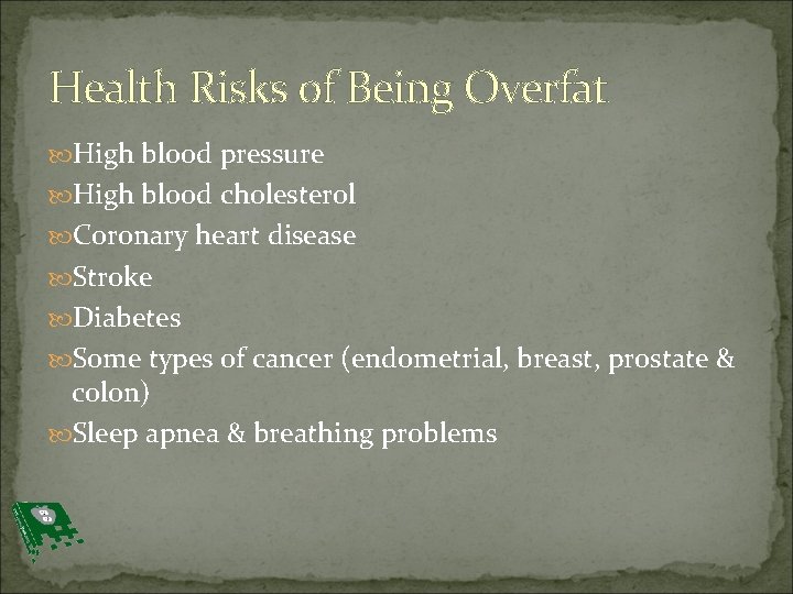 Health Risks of Being Overfat High blood pressure High blood cholesterol Coronary heart disease