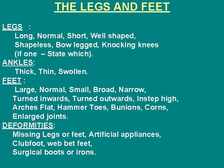 THE LEGS AND FEET LEGS : Long, Normal, Short, Well shaped, Shapeless, Bow legged,